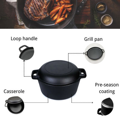 Voorgekruide 2-in-1 gietijzeren braadpan 5 liter voor op de camping