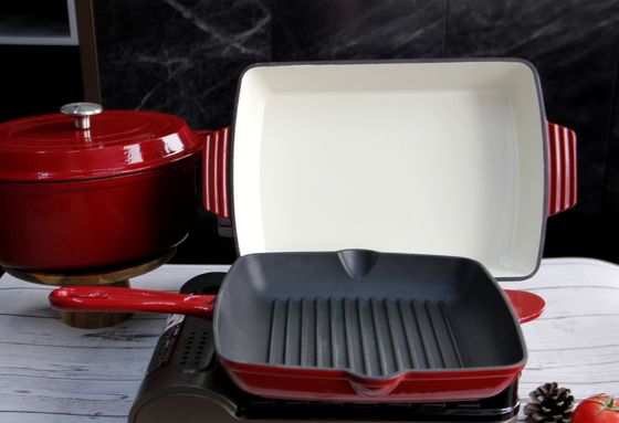 De rode Geëmailleerde Pan10inch niet Stok van de Gietijzerkoekepan frituurt Pan With Ridge