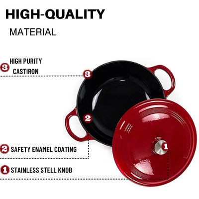 Rood gelast gietijzer ondiepe casserole met siliconen bestek sets