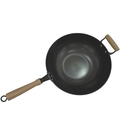 Het op zwaar werk berekend Houten Handvat van Pan Chinese Wok Pan With van het 14 DuimGietijzer en Glasdeksel
