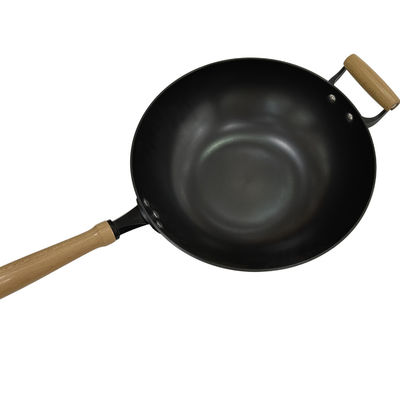 Het op zwaar werk berekend Houten Handvat van Pan Chinese Wok Pan With van het 14 DuimGietijzer en Glasdeksel