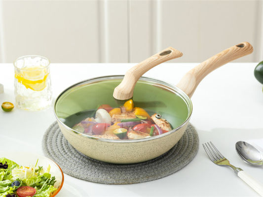 13Inch Chinese Aluminiumwok Pan With Tempered Glass Lid en niet Stokdeklaag