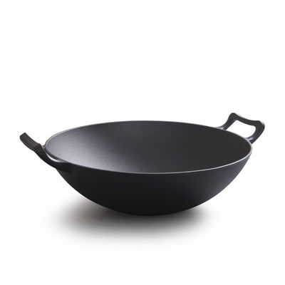 Vintage 32/36cm gietijzeren wok met dubbele oren