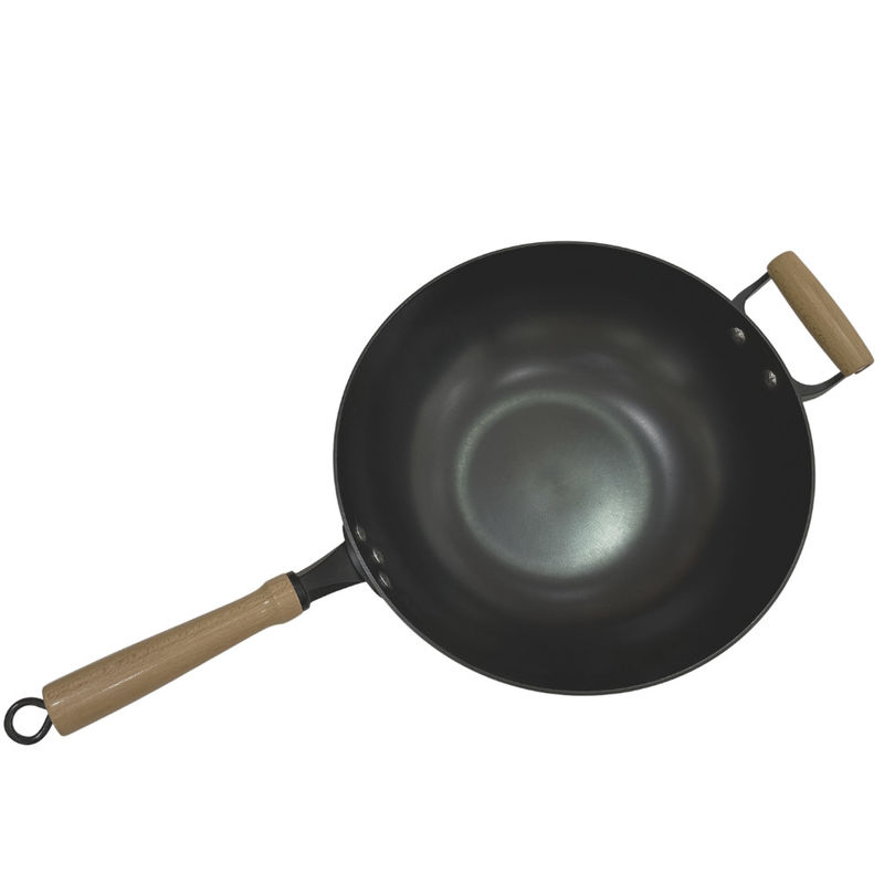Het op zwaar werk berekend Houten Handvat van Pan Chinese Wok Pan With van het 14 DuimGietijzer en Glasdeksel