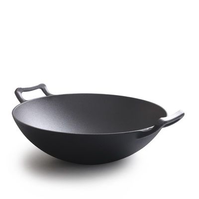 Vintage 32/36cm gietijzeren wok met dubbele oren